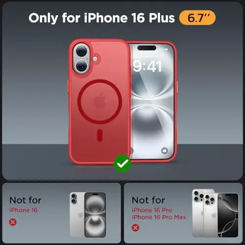 Miracase Magnetic Series for iPhone 16 Plus Case [MagSafe bilan mos] [2X ekran himoyachilari bilan] Harbiy darajadagi himoya, barmoq izlariga qarshi, 16 Plus 6.7 dyuym uchun ingichka telefon qutisi - Qizil - MIRACASE (1)