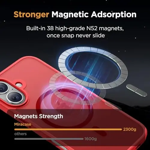 Miracase Magnetic Series for iPhone 16 Plus Case [MagSafe bilan mos] [2X ekran himoyachilari bilan] Harbiy darajadagi himoya, barmoq izlariga qarshi, 16 Plus 6.7 dyuym uchun ingichka telefon qutisi - Qizil - 4