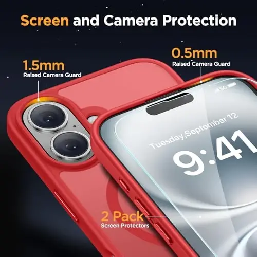 Miracase Magnetic Series for iPhone 16 Plus Case [MagSafe bilan mos] [2X ekran himoyachilari bilan] Harbiy darajadagi himoya, barmoq izlariga qarshi, 16 Plus 6.7 dyuym uchun ingichka telefon qutisi - Qizil - 6