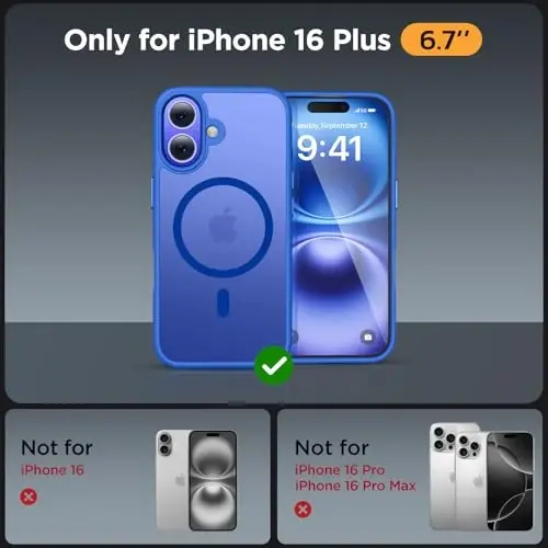 Miracase Magnetic Series for iPhone 16 Plus Case [MagSafe bilan mos] [2X ekran himoyachilari bilan] Harbiy darajadagi himoya, barmoq izlariga qarshi, iPhone 16 Plus 6.7 dyuym uchun ingichka telefon qutisi - Moviy - MIRACASE (1)