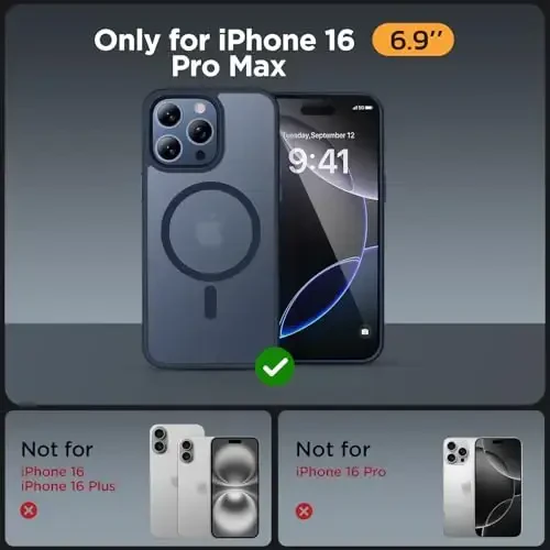 Miracase Magnetic Series for iPhone 16 Pro Max Case [MagSafe bilan mos] [Ekran himoyachisi bilan] Harbiy darajadagi himoya, barmoq izlariga qarshi, 16 Pro Max 6.9 dyuym uchun ingichka telefon qutisi - To'q ko'k - 2