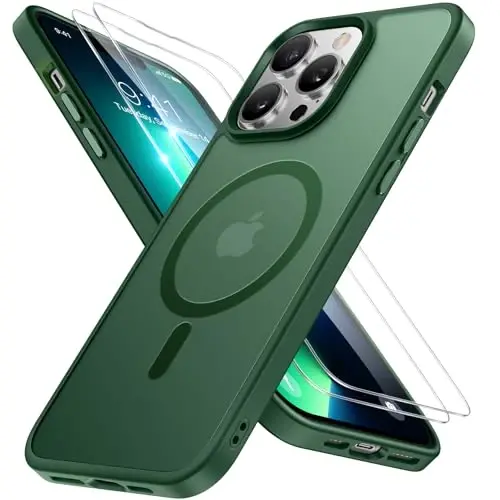 Miracase Magnetic Series iPhone 13 Pro Max uchun g'ilof [MagSafe bilan mos] [2X ekran himoyachilari bilan] Harbiy darajadagi himoya, barmoq izlariga qarshi, iPhone 13 Pro Max uchun telefon g'ilofi, to'q yashil 