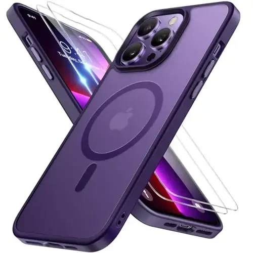 Miracase Magnetic Series iPhone 13 Pro uchun mo'ljallangan g'ilof [MagSafe bilan mos] [2X ekran himoyachisi bilan] Barmoq izlariga qarshi, iPhone 13 Pro 6.1 dyuym uchun magnit telefon g'ilofi - To'q binafsha - MIRACASE