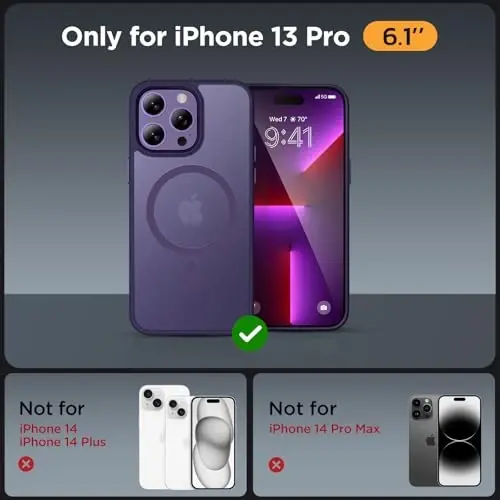 Miracase Magnetic Series iPhone 13 Pro uchun mo'ljallangan g'ilof [MagSafe bilan mos] [2X ekran himoyachisi bilan] Barmoq izlariga qarshi, iPhone 13 Pro 6.1 dyuym uchun magnit telefon g'ilofi - To'q binafsha - MIRACASE (1)