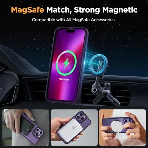 Miracase Magnetic Series iPhone 13 Pro uchun mo'ljallangan g'ilof [MagSafe bilan mos] [2X ekran himoyachisi bilan] Barmoq izlariga qarshi, iPhone 13 Pro 6.1 dyuym uchun magnit telefon g'ilofi - To'q binafsha - 3
