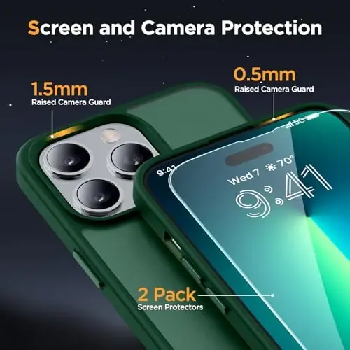 Miracase Magnetic Series iPhone 13 Pro uchun mo'ljallangan g'ilof [MagSafe bilan mos] [2X ekran himoyachisi bilan] Barmoq izlariga qarshi, iPhone 13 Pro 6.1 dyuym uchun magnit telefon g'ilofi - To'q yashil - 5