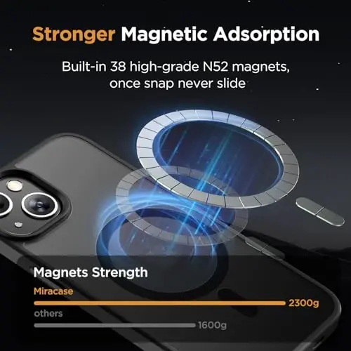 Miracase Magnetic Series iPhone 15 uchun ishlab chiqarilgan [MagSafe bilan mos keladi] [2X ekran himoyachilari bilan] Harbiy darajadagi himoya, Barmoq izi yo'q, iPhone 15 uchun magnit zaryadlovchi korpus - Qora - 1