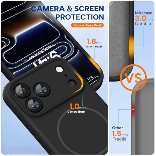 Miracase Magnetic uchun iPhone 17 Pro g‘ilof, MagSafe bilan mos keladi, o‘rnatilgan silikon kamera boshqaruv qopqog‘i, 17 Pro uchun 3.0 mm qalinlashtirilgan zarbaga chidamli tushishdan himoya qiluvchi telefon g‘ilofi, To‘q qora - 2