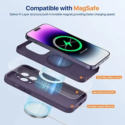 Miracase magnitli g'ilof iPhone 14 Pro Max uchun ekran himoyachisi bilan,[Kamera himoyasini takomillashtirilgan],zarbga chidamli suyuq silikon g'ilof 6,7 dyuym, to'q binafsha magnitli - MIRACASE (1)