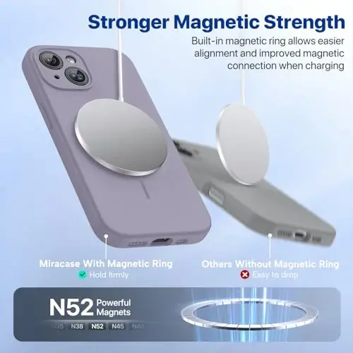 Miracase Магнитный для iPhone 15 Чехол, [Мягкая Противоцарапающаяся Подкладка из Микрофибры], Совместим с MagSafe, Чехол из Жидкого Силикона Ударопрочный Защитный Чехол для Телефона для 15, Лавандово-Серый - 4
