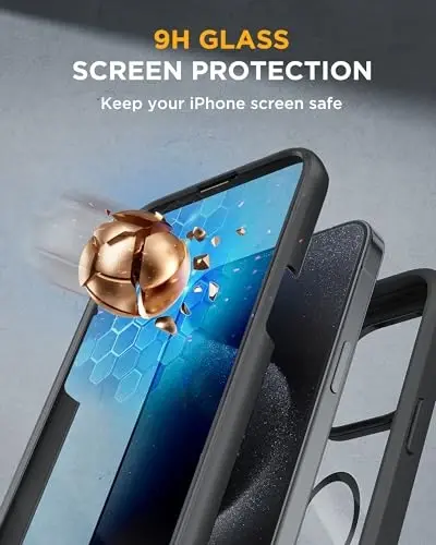 Miracase Magnetic for iPhone 15 Pro Case [Compatible with MagSafe] Full-Body Bumper Phone case with Built-in Glass Screen Protector& Camera Protector, Military Drop Proof 15 Pro Cover 6.1 inch, Black - 3