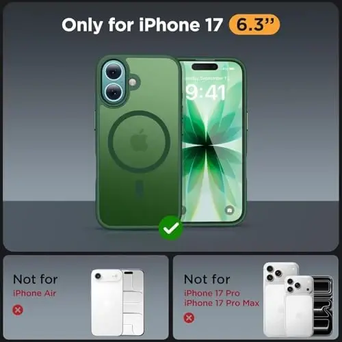 miracase Magnetic for iPhone 17 Case (Compatible with MagSafe) with Screen Protector Military-Grade Protection, Anti-Fingerprint Translucent Matte Phone Cover for iPhone 17 6.3 inch, Dark Green - 2
