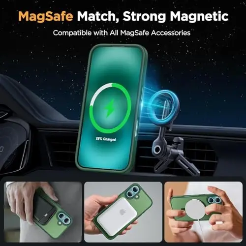 miracase Magnetic for iPhone 17 Case (Compatible with MagSafe) with Screen Protector Military-Grade Protection, Anti-Fingerprint Translucent Matte Phone Cover for iPhone 17 6.3 inch, Dark Green - 3