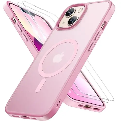 Miracase Magnetic for iPhone 13 Case 6.1 inch (Compatible with MagSafe)（with 2X Screen Protectors） Military-Grade Protection, Anti-Fingerprint Translucent Matte Phone Case Cover, Mes Pink 