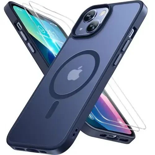 Miracase Magnetic for iPhone 13 Case 6.1 inch (Compatible with MagSafe)（with 2X Screen Protectors） Military-Grade Protection, Anti-Fingerprint Translucent Matte Phone Case Cover, Dark Blue 