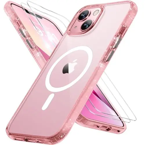 Miracase Magnetic for iPhone 13 Case 6.1 inch (Compatible with MagSafe)（with 2X Screen Protectors） Military-Grade Protection, Anti-Fingerprint Translucent Matte Phone Case Cover, Glitter Pink - 1