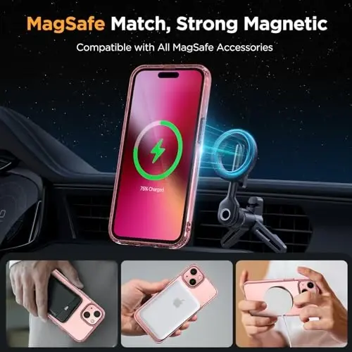 Miracase Magnetic for iPhone 13 Case 6.1 inch (Compatible with MagSafe)（with 2X Screen Protectors） Military-Grade Protection, Anti-Fingerprint Translucent Matte Phone Case Cover, Glitter Pink - 3