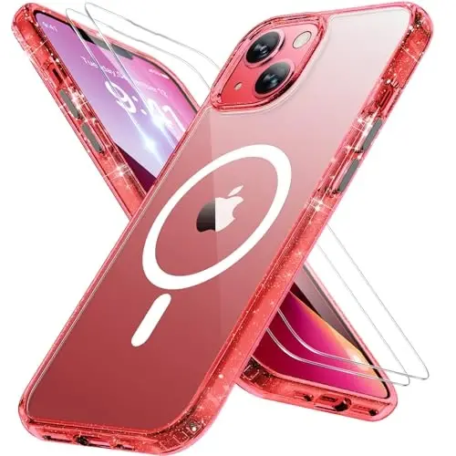 Miracase Magnetic for iPhone 13 Case 6.1 inch (Compatible with MagSafe)（with 2X Screen Protectors） Military-Grade Protection, Anti-Fingerprint Translucent Matte Phone Case Cover, Glitter Red - 1