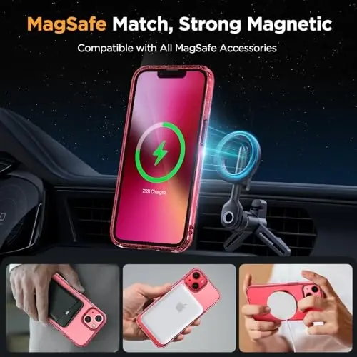Miracase Magnetic for iPhone 13 Case 6.1 inch (Compatible with MagSafe)（with 2X Screen Protectors） Military-Grade Protection, Anti-Fingerprint Translucent Matte Phone Case Cover, Glitter Red - 3