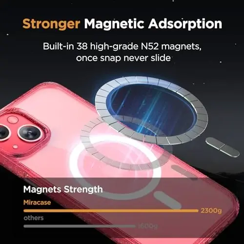 Miracase Magnetic for iPhone 13 Case 6.1 inch (Compatible with MagSafe)（with 2X Screen Protectors） Military-Grade Protection, Anti-Fingerprint Translucent Matte Phone Case Cover, Glitter Red - 4