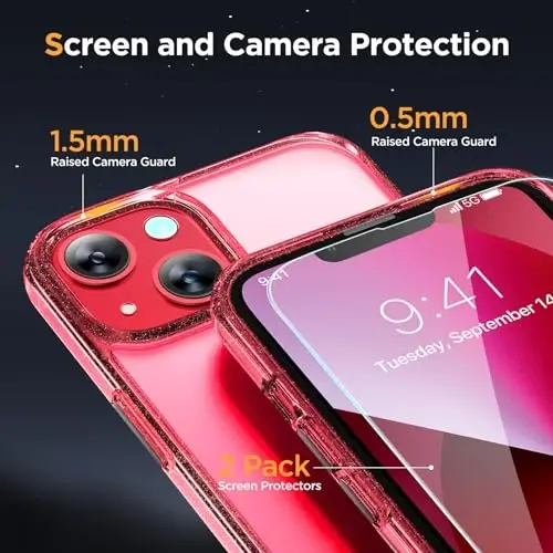 Miracase Magnetic for iPhone 13 Case 6.1 inch (Compatible with MagSafe)（with 2X Screen Protectors） Military-Grade Protection, Anti-Fingerprint Translucent Matte Phone Case Cover, Glitter Red - 5