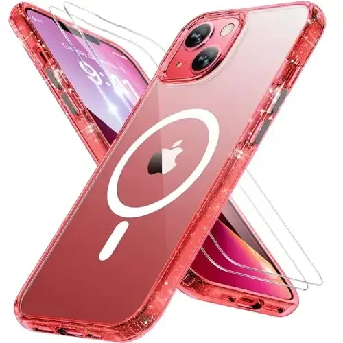 Miracase Magnetic for iPhone 13 Case 6.1 inch (Compatible with MagSafe)（with 2X Screen Protectors） Military-Grade Protection, Anti-Fingerprint Translucent Matte Phone Case Cover, Glitter Red 