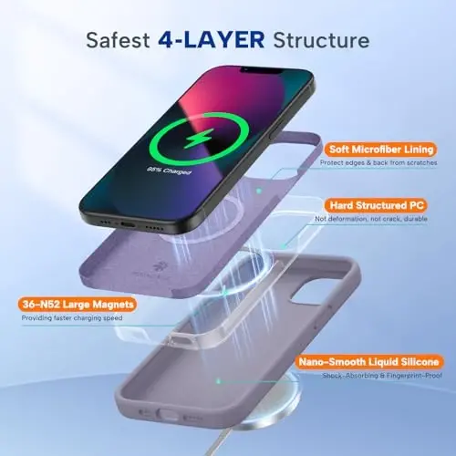Miracase Magnetic for iPhone 13 Case, [Soft Anti-Scratch Microfiber Lining], Compatible with MagSafe, Liquid Silicone Case Shockproof Drop Protection Phone Case for 13, Lavender Gray - 2