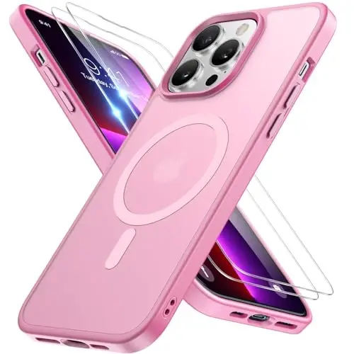 Miracase Magnetic for iPhone 13 Pro Case 6.1 inch (Compatible with MagSafe)（with 2X Screen Protectors） Military-Grade Protection, Anti-Fingerprint Translucent Matte Phone Case Cover, Mes Pink - 1