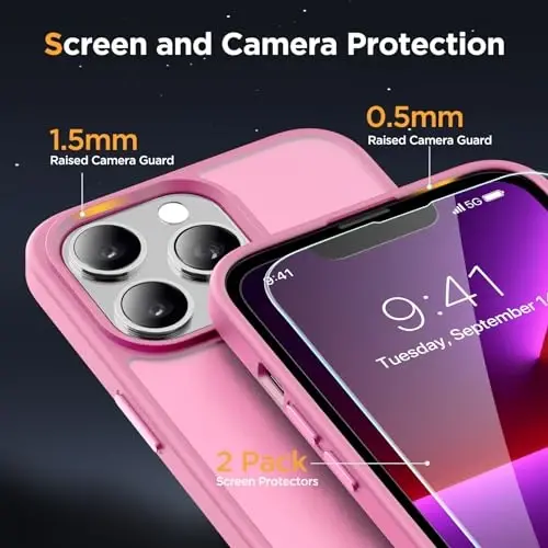 Miracase Magnetic for iPhone 13 Pro Case 6.1 inch (Compatible with MagSafe)（with 2X Screen Protectors） Military-Grade Protection, Anti-Fingerprint Translucent Matte Phone Case Cover, Mes Pink - 6
