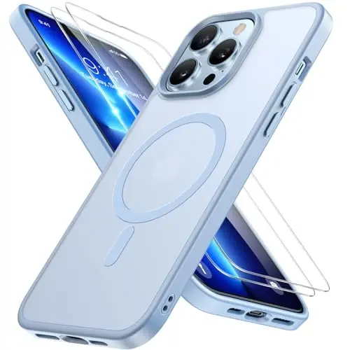 Miracase Magnetic for iPhone 13 Pro Case 6.1 inch (Compatible with MagSafe)（with 2X Screen Protectors） Military-Grade Protection, Anti-Fingerprint Translucent Matte Phone Case Cover, Light Blue - 1