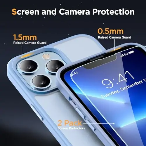 Miracase Magnetic for iPhone 13 Pro Case 6.1 inch (Compatible with MagSafe)（with 2X Screen Protectors） Military-Grade Protection, Anti-Fingerprint Translucent Matte Phone Case Cover, Light Blue - 6
