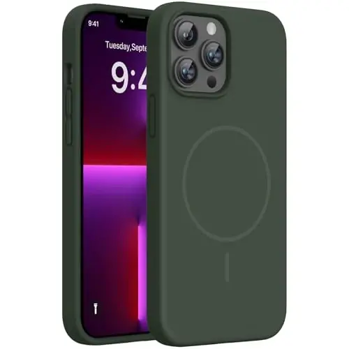 Miracase Magnetic for iPhone 13 Pro Case, [Soft Anti-Scratch Microfiber Lining], Compatible with MagSafe, Liquid Silicone Shockproof Drop Protection Phone Case for 13 Pro, Dark Green - 1