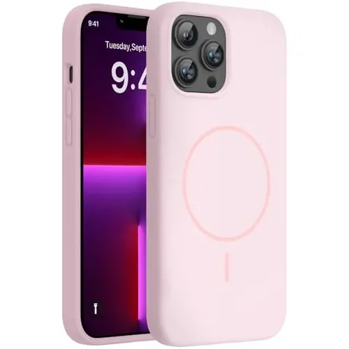 Miracase Magnetic for iPhone 13 Pro Case, [Soft Anti-Scratch Microfiber Lining], Compatible with MagSafe, Liquid Silicone Shockproof Drop Protection Phone Case for 13 Pro, Sand Pink - 1