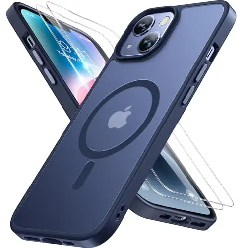 Miracase Magnetic for iPhone 14 Case 6.1 inch (Compatible with MagSafe)（with 2X Screen Protectors） Military-Grade Protection, Anti-Fingerprint Translucent Matte Phone Case Cover, Dark Blue - 1