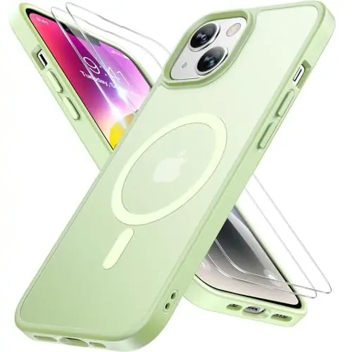 miracase Magnetic for iPhone 14 Case 6.1 inch (Compatible with MagSafe)（with 2X Screen Protectors） Military-Grade Protection, Anti-Fingerprint Translucent Matte Phone Case Cover, Light Green 