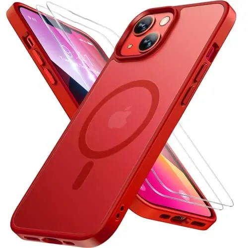 Miracase Magnetic for iPhone 14 Case 6.1 inch (Compatible with MagSafe)（with 2X Screen Protectors） Military-Grade Protection, Anti-Fingerprint Translucent Matte Phone Case Cover, Red 