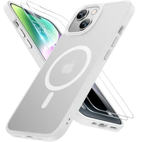 Miracase Magnetic for iPhone 14 Case 6.1 inch (Compatible with MagSafe)（with 2X Screen Protectors） Military-Grade Protection, Anti-Fingerprint Translucent Matte Phone Case Cover, White - MIRACASE