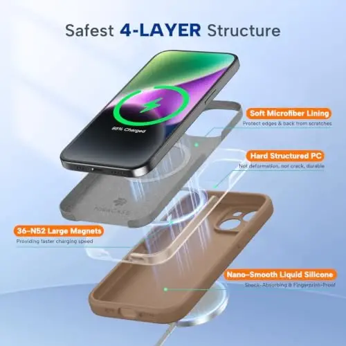 Miracase Magnetic for iPhone 14 Case, [Soft Anti-Scratch Microfiber Lining], Compatible with MagSafe, Liquid Silicone Case Shockproof Drop Protection Phone Case for 14, Chocolate - 3
