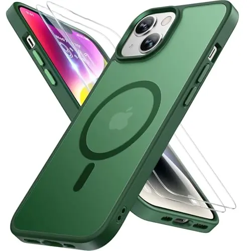 miracase Magnetic for iPhone 14 Plus Case 6.7 inch (Compatible with MagSafe)（with 2X Screen Protectors） Military-Grade Protection, Anti-Fingerprint Translucent Matte Phone Case Cover, Dark Green - 1
