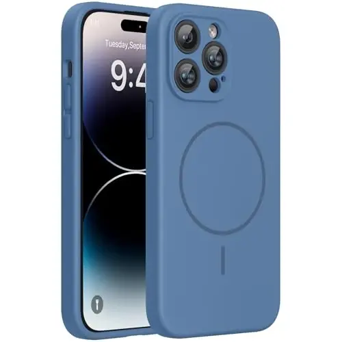 Miracase Magnetic for iPhone 14 Pro Max Case, [Soft Anti-Scratch Microfiber Lining], Compatible with MagSafe, Silicone Shockproof Protection Phone Case for iPhone 14 Pro Max,Glass Blue 