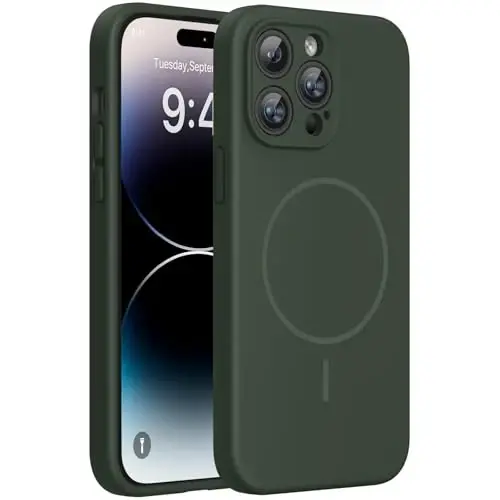 miracase Magnetic for iPhone 14 Pro Max Case, [Soft Anti-Scratch Microfiber Lining], Compatible with MagSafe, Silicone Shockproof Protection Phone Case for iPhone 14 Pro Max,Dark Green 