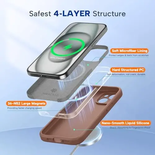 Miracase Magnetic for iPhone 15 Case, [Soft Anti-Scratch Microfiber Lining], Compatible with MagSafe, Liquid Silicone Case Shockproof Drop Protection Phone Case for 15,Chocolate - 3