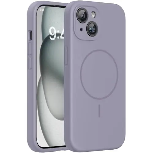 Miracase Magnetic for iPhone 15 Case, [Soft Anti-Scratch Microfiber Lining], Compatible with MagSafe, Liquid Silicone Case Shockproof Drop Protection Phone Case for 15,Lavender Gray 
