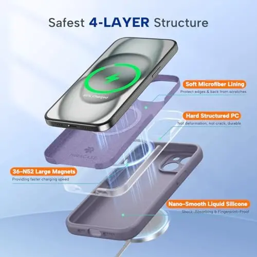 Miracase Magnetic for iPhone 15 Case, [Soft Anti-Scratch Microfiber Lining], Compatible with MagSafe, Liquid Silicone Case Shockproof Drop Protection Phone Case for 15,Lavender Gray - 3