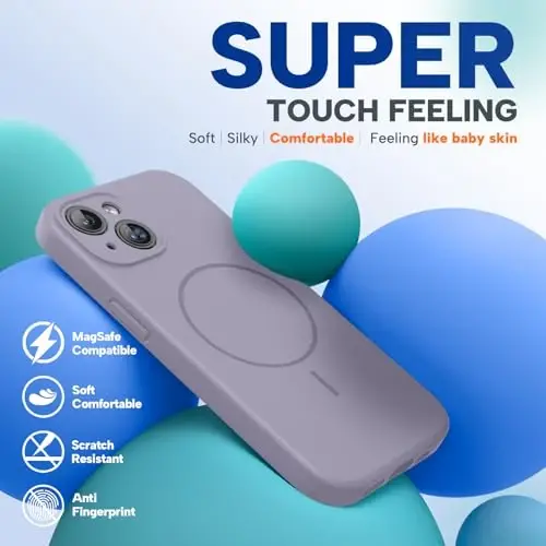 Miracase Magnetic for iPhone 15 Case, [Soft Anti-Scratch Microfiber Lining], Compatible with MagSafe, Liquid Silicone Case Shockproof Drop Protection Phone Case for 15,Lavender Gray - 5