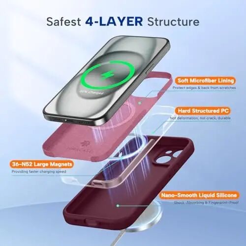 Miracase Magnetic for iPhone 15 Case, [Soft Anti-Scratch Microfiber Lining], Compatible with MagSafe, Liquid Silicone Case Shockproof Drop Protection Phone Case for 15,Wine Red - 3