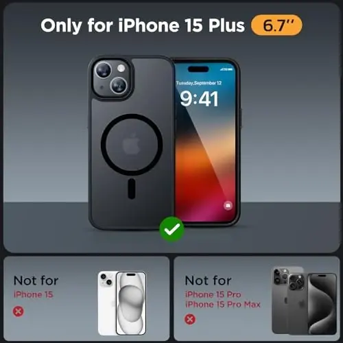 Miracase Magnetic for iPhone 15 Plus Case 6.7 inch (Compatible with MagSafe)（with 2X Screen Protectors） Military-Grade Protection, Anti-Fingerprint Translucent Matte Phone Cover, Black - 2