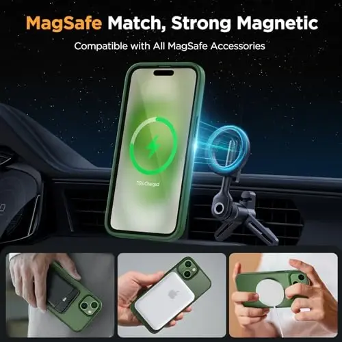 Miracase Magnetic for iPhone 15 Plus Case 6.7 inch (Compatible with MagSafe)（with 2X Screen Protectors） Military-Grade Protection, Anti-Fingerprint Translucent Matte Phone Cover, Dark Green - MIRACASE (1)