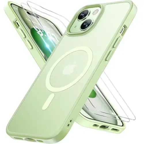 Miracase Magnetic for iPhone 15 Plus Case 6.7 inch (Compatible with MagSafe)（with 2X Screen Protectors） Military-Grade Protection, Anti-Fingerprint Translucent Matte Phone Cover, Light Green 