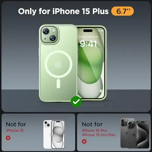 Miracase Magnetic for iPhone 15 Plus Case 6.7 inch (Compatible with MagSafe)（with 2X Screen Protectors） Military-Grade Protection, Anti-Fingerprint Translucent Matte Phone Cover, Light Green - MIRACASE (1)